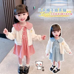 衣類セット女の子のスーツのスカート秋の服洋風ニットジャケット人形襟の格子縞のドレスツーピースのスーツ