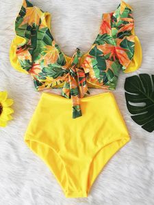 Yüksek Waisted İki Parçalı Mayo Çiçek Ruffled Hem Bikini Set Kadın Flora V Yaka Kız Plaj Mayo Mayo Biquinis