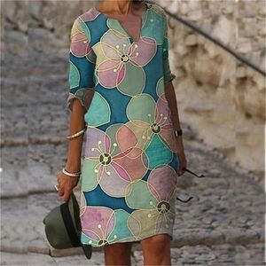 Kvinnor Elegant blommig tryckklänning Summer Half Sleeve Kne-Length Casual Office Beach Dresses Vestidos 220531