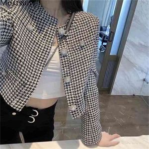 Houndstooth Knitted Short Coat Jacket Women Full Sleeve O-neck Single Breasted Tops Korean Vintage Elegant Ladies 210513