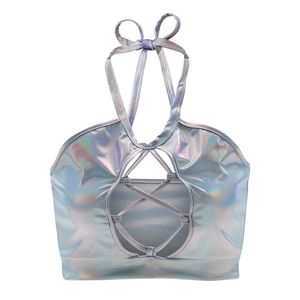 Women Sexy Wetlook Metallic Crop Top Shiny Halter Backless Lace-up Holographic Cami Tank Rave Dance Vest Party Clubwear 220318