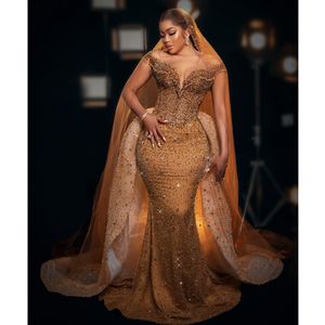 Gold Plus Size Meerjungfrau Brautkleider Perlen Pailletten Brautkleid Nach Maß Quaste Schatz Abnehmbarer Zug Robes De Mari￩e