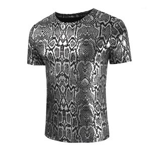 T-shirt da uomo T-shirt da discoteca metallizzata argento lucido T-shirt da uomo con motivo a serpente T-shirt da uomo slim fit Oneck Homm