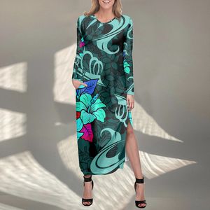 NoisyDesigns Spring Autumn Long Sleeve Splites for Women Fashion Lady Robe Maxi Dress Plumeria Hibiscus Design Plus 220627