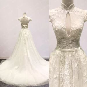 Aplike 2022 Düğün Dantel Elbiseler Gelin Elbise Yüksek Boyun Bir Çizgi Arka Çıkmaz Şerit Boncuklu Tül Süpürme Tren Vestido De Novia Özel Yapımı Artı Boyut