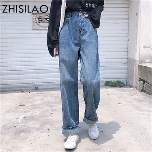 Zhisilao Cantura alta Jeans Plus Size Size Vintage calça jeans casual Maxi Ladies Logo Ripped Jeans for Women Feminino Blue 201109