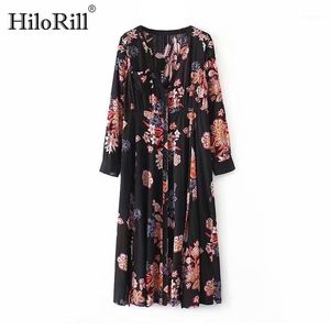 Повседневные платья Hilorill Floral Print Beach Long Press Boho Стиль Стиль Сплит Вышивка Кружева Пэчворк Midi Party Vestidos De Fiesta