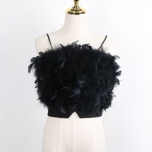 Moda Mulheres Sexy Furry Tops Camis Casual Tanque Vest Sem Mangas com Real Avestruz Pena T02 220316