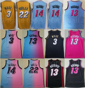 Men City Earned Basketball Jersey Bam Adebayo 13 Jimmy Butler 22 Dwyane Wade 3 Tyler Herro 14 Costurado Rosa Azul Preto Cor Amarela