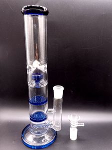 14 inch Blue Glass Water Bong Hookahs with Double Honeycomb Filters Thick Smoking Pipes
