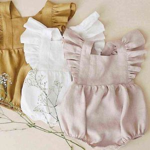 Baby flicka romper kläder linne sommar mode barn barn solid färg kläder ljus rosa jumpsuit bomull puff ärm roupas aa220323