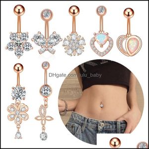 Body Arts Tattoos Art Health Beauty 316L Stainless Steel Heart Belly Button Ring 14G Zircon Dangle Flower Navel Piercing Jewe Dhgab