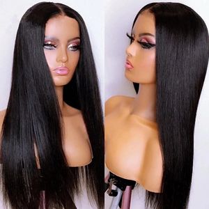 Straight Natural Svart Syntetisk Hår Lace Front Wig För WomenMiddle Part Fiber BabyHair Daily180% Densitet Gluslös Paryk