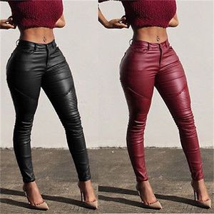 Hirigin Sexy Frauen Stretch Hohe Taille Bleistift Hosen Schwarz Rot Volle Länge Dünne PU Leder Leggings Hosen 220726