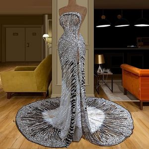 2022 Gorgeous Grey Mermaid Evening Dress Strapless Without Sleeves High Split Sequins Prom Gown Dresses Robe de Soirée