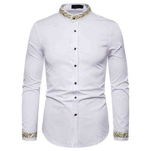 Haft haftowy męski białe koszule szczupły obroża mandaryńskie męskie sukienka koszula ślubny biznes swobodny camisa Social Masculina L220704