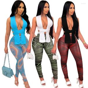 Pantaloni a due pezzi da donna Fitness sportivo Set da donna Solid Lace Up Maglione lavorato a maglia Canotta Crop Top Fashion Print Sheer Mesh Outfit Tuta