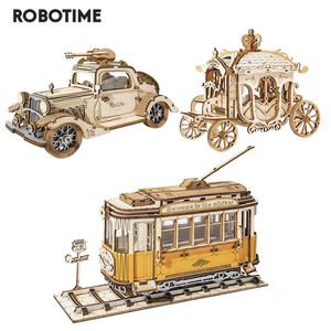 Robotime 3種類DIY 3D Transportation Wooden Model Building Kits Vintage Car Tramcar Carriage Toy Gift for Children Adult 220715