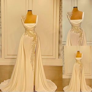 Ivory Satin Silk Prom Dress Pleats Strapless Mermaid Evening Gowns Sweep Train Special Occasion Dresses