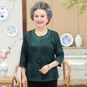 Women's Blouses & Shirts Silk Shirt Three Quarter Sleeve Grandma Clothing Summer Middle Age Mother Blouse Women Tops Embroidery1