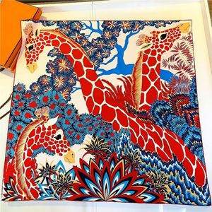 2022 Ladies 90*90cm silk scarf, the new giraffe pattern manual hem twill shawls high-end gift scarf