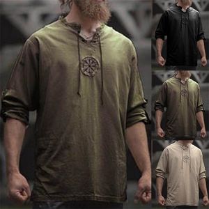 Men Plus Size Ancient Viking Embroidery Lace Up V Neck Long Sleeve Shirt Top For Mens Clothing 220805
