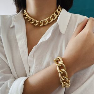 Neues, modisches, großes kubanisches Gliederketten-Choker-Halsketten-Armband-Gold-Set für Frauen, ästhetisches Grunge-Punk-Rock-Rapper-Schmuckset, Zubehör, Geburtstagsfeier-Geschenke für Damen