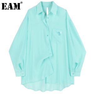 Women Green Flower Big Size Thin Blouse Lapel Long Sleeve Loose Fit Shirt Fashion Spring Summer 1DD8957 210512