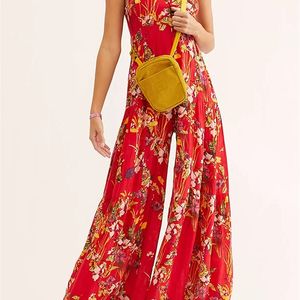 Summer Sexy Bohemian Playsuits Womens Floral Print Wide Leg Overalls Jumpsuits Holiday Beach Casual Loose Sleeveless Romper W220427
