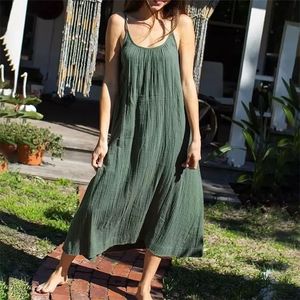 Casual 100% Cotton Summer Women's Long Dress Loose Solid Sleeveless Backless Streetwear Elegant Female Vestidos Robe 220507