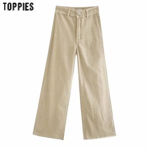 Toppies Womens White Khaki Denim Pants High Waist Straight Jean Pants Solice Color Streetwear 201113