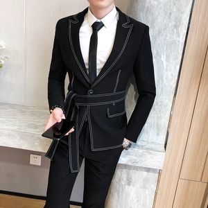 Menina de primavera Men Button Single Mens Slim Fit Sits com Pant Casual Stage Vestido Belt Prom Tuxedo Costume Homme 201106