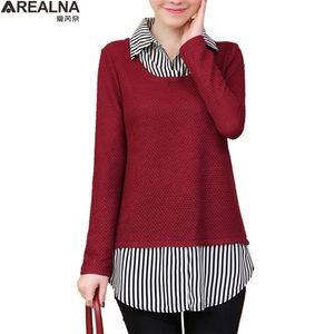 Blusas Mujer de Moda autumn Korean Fake Two Pieces Patchwork Striped Shirts Plusサイズ長袖ビンテージブラウス女性5xl 210308