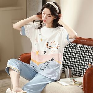 Summer Cartoon Cotton Pajamas Set Women Pyjamas Sleepwear Nightwear Pijama Mujer Home Wear Casual Calf-Length Pants Nightsuit 220329