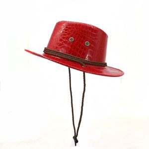 웨스턴 스타일 PU 가죽 카우보이 모자 검은 빨간 남자 여자 야외 와이드 챙 타온 보호 모자 단방향 패션 생일 파티 모자