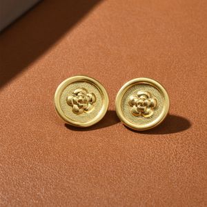 French Medieval Camellia Disc Stud Earrings Brass Gold Plated Button Gold Coin 925 Silver Pin High Fashion Jewelry Gift