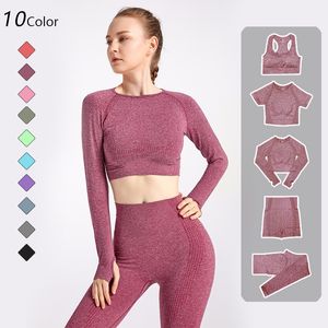 2sts sömlösa kvinnor Yoga Set Workout Sportswear Gym Clothing Fitness Short Crop Top High midje Leggings Sports Suits W220418