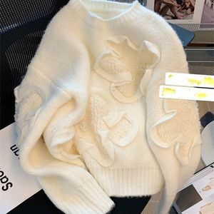 Vit söt fransk vintage pullover tröja för kvinnor 3d blomma ruffles höst vinter lös varm stickad topps festival kläder 220817