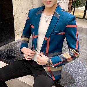 Men's Blazer Fashion British Style Contrast Plaid Stitching Pattern Striped Slim Casual High-quality Men's Clothing Jacket 220527
