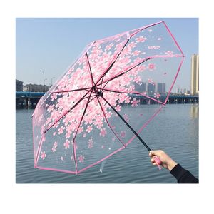 Fashion UV proof sun transparent umbrella Cherry Blossom three fold umbrella Semi automatic long handle umbrellas W0