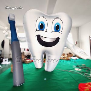 Publicidade personalizada Inflável modelo de dente 2m / 3m Figura dos desenhos animados Balão branca sopro do dente guardando uma escova de dentes para dicas de saúde dental