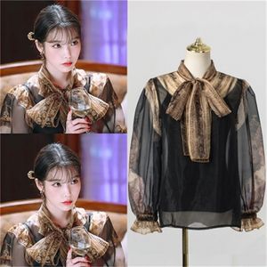 Französische Retro-Hemdweste in Schwarz für Damen DEL LUNA Hotel Same IU Lee Ji Eun Koreanische Dramen Chiffon T200608