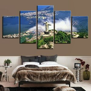 Senza cornice Statua di Rio De Janeiro Grande città 5 pannelli Immagine su tela Stampa Wall Art Canvas Painting Decorazione della parete per soggiorno