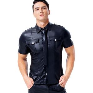 Men's Casual Shirts Mens Faux Leather T Fitness Tops Short Sleeve Button Up Shirt PU Wetlook Uniforms Dance Clubwear