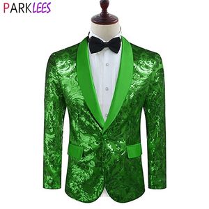 الترتر الأخضر اللامع بدلة سترة رجال شال شالر واحد بريق بريق Tuxedo Blazers Mens Party Prom Nightclub Costume Homme 2XL 220815