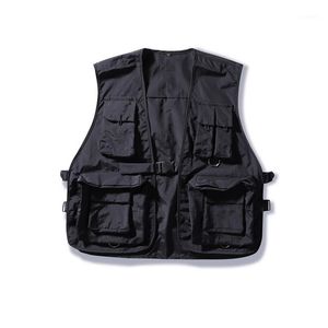 Múltiplos bolsos colete de carga hip hop homens pai núcleo núcleo sem mangas jaqueta gilet streetwear homens