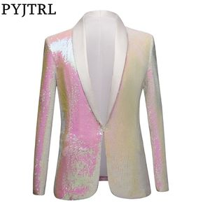 PYJTRL Completo di paillettes Serie Uomo Bianco Rosa Paillettes Blazer Gentleman Prom Abito da giacca Night Club Cantanti Slim Fit Costume 201104