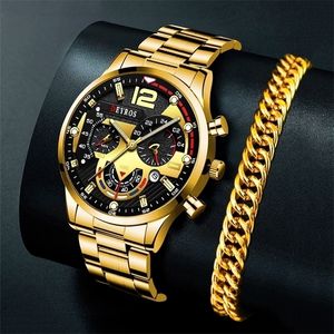 Luxury Mens Watches Male Gold Armband rostfritt stål kvartskalenderklocka för män Business Luminous Clock Relogio Masculino 220530