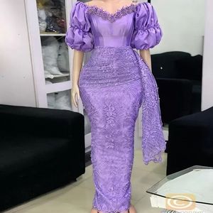 2022 Aso Ebi Abendkleid Meerjungfrau Schulterfrei Kurze Ärmel Lavendel Spitze Applikationen Ballkleider für Frauen Party B053021