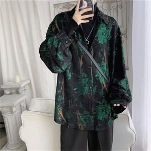 Koszula Mężczyźni Wiosna Jesień Retro Retro Temperament Rose Drukowane Koszule Z Długim Rękawem Koreańska Moda Loose Male Casual Oversized Coat 220401